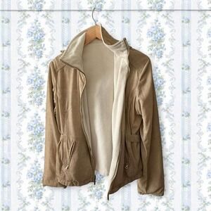 Women's Medium Reversible Tan cream zip-up jacket relaxed fit & Detachable Hood